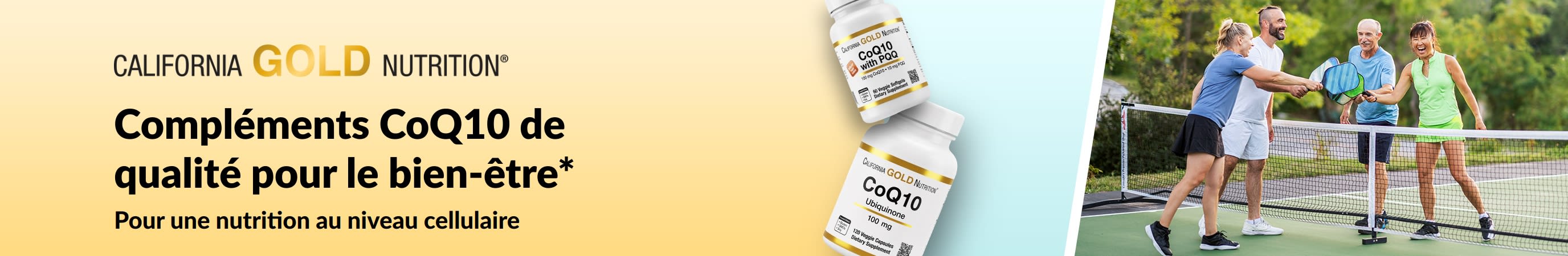 Compléments de CoQ10 California Gold Nutrition pour le bien-être, avec produits et adultes actifs jouant au pickleball.