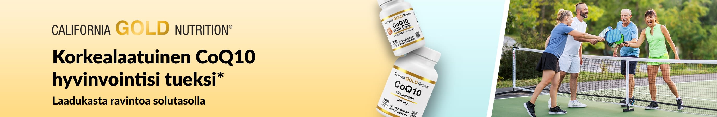 California Gold Nutrition CoQ10 -ravintolisät hyvinvointiin. Kuvassa tuotepurkkeja ja pickleballia pelaavia aikuisia.