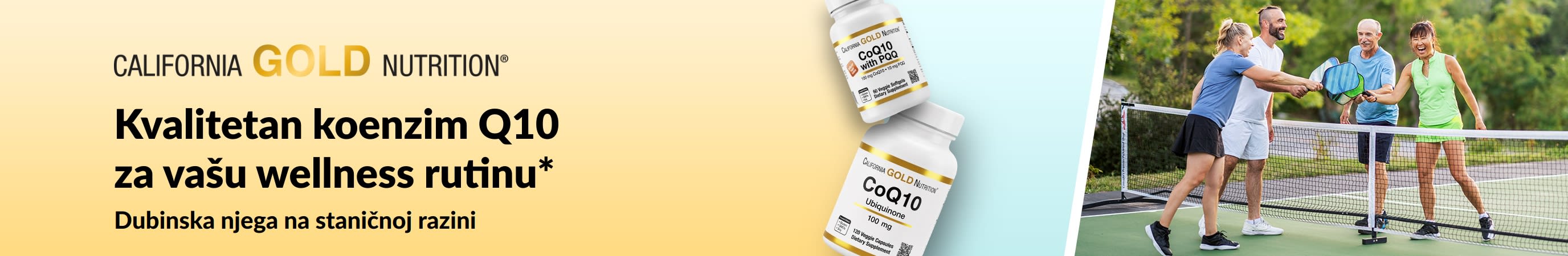 Dodaci prehrani California Gold Nutrition koenzim Q10 za zdravlje i wellness, s prikazom bočice proizvoda i aktivnih odraslih osoba koje igraju piklbol.