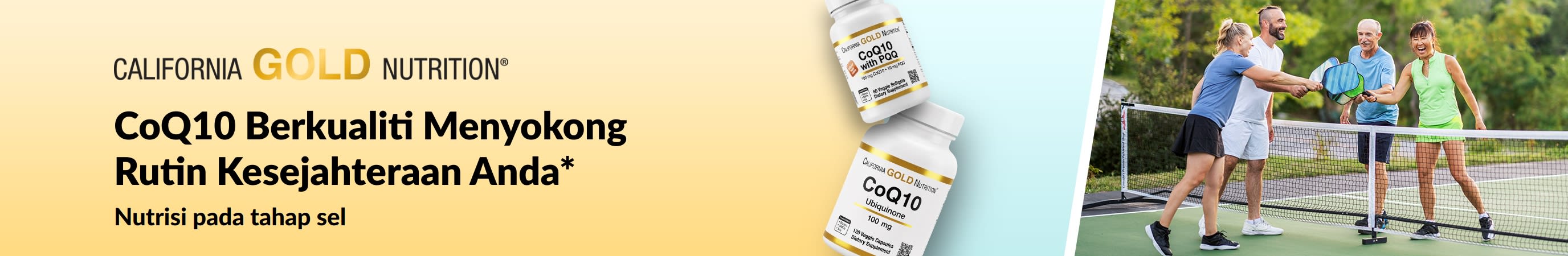 Suplemen California Gold Nutrition CoQ10 untuk kesejahteraan, dengan botol produk dan beberapa individu dewasa aktif bermain pickleball.