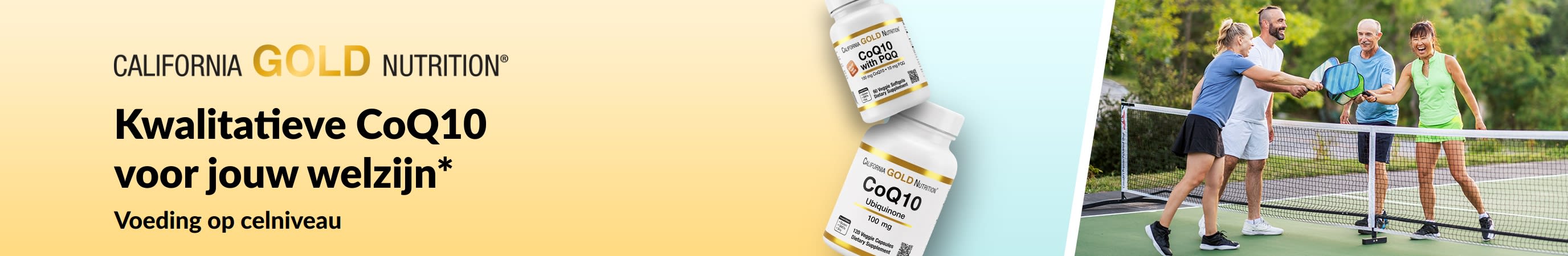 California Gold Nutrition CoQ10-supplementen voor welzijn, met productflessen en actieve volwassenen die pickleball spelen.