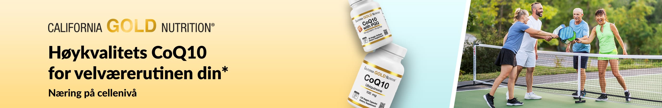 California Gold Nutrition CoQ10-tilskudd for velvære, viser produktflasker og aktive voksne som spiller pickleball.