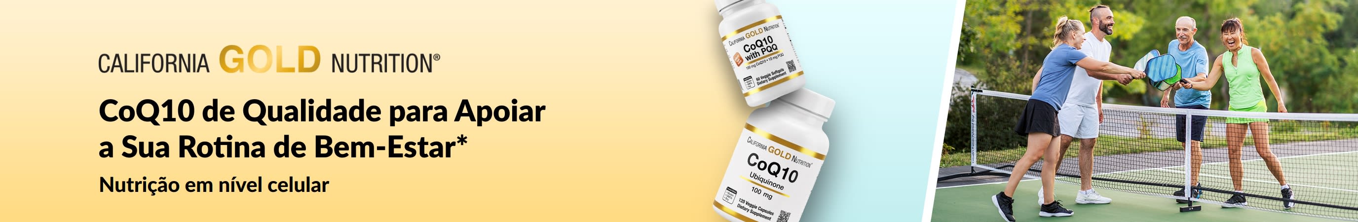 Suplementos de CoQ10 da California Gold Nutrition para o bem-estar, mostrando os frascos do produto e adultos ativos jogando pickleball.