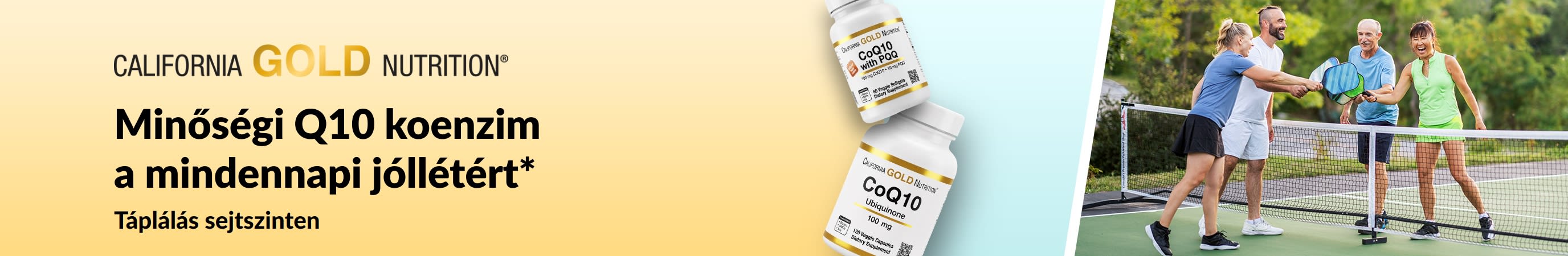 California Gold Nutrition Q10 koenzimes étrend-kiegészítők a mindennapi jóllét támogatására: a képen termékek és pickleballozó, aktív felnőttek láthatók.