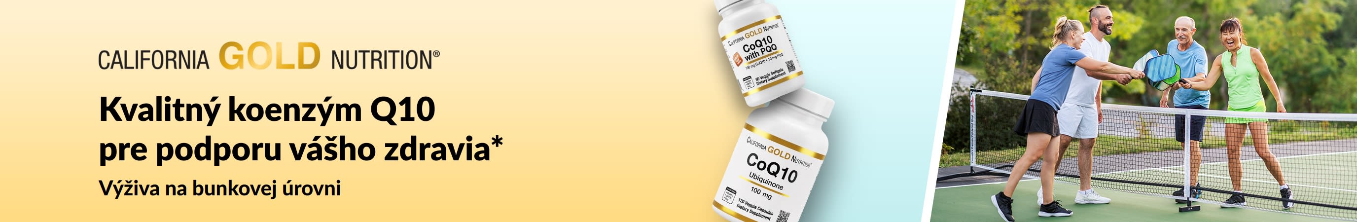 Koenzým Q10 od California Gold Nutrition pre celkové zdravie, s baleniami produktov a dospelými, ktorí hrajú pickleball.
