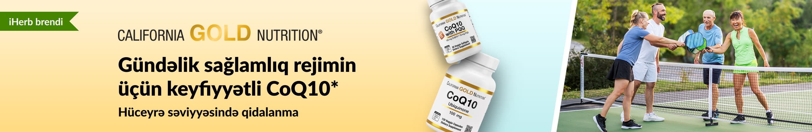 Məhsul qablaşdırmaları və piklbol oynayan fəal insanların əks olunduğu, sağlamlıq üçün California Gold Nutrition CoQ10 qida əlavələri