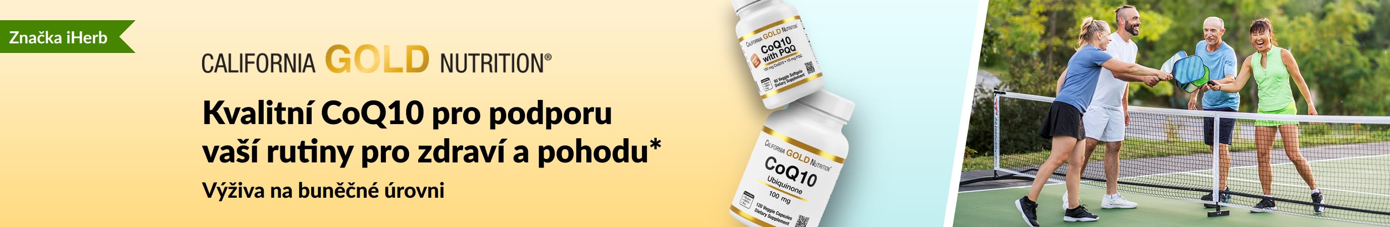 Doplňky stravy California Gold Nutrition CoQ10 pro zdraví a pohodu s baleními produktů a aktivními lidmi hrajícími pickleball.