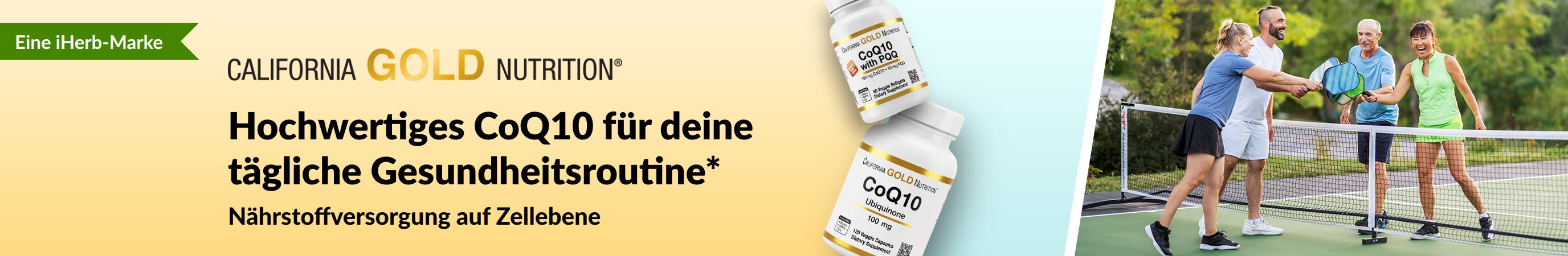 California Gold Nutrition CoQ10-Nahrungsergänzungsmittel für die Gesundheit, mit Produktflaschen und aktiven Erwachsenen beim Pickleball.