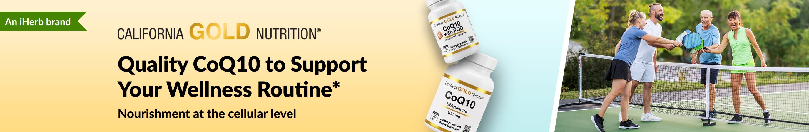 California Gold Nutrition CoQ10 supplements for wellness, showing product bottles and active adults playing pickleball.