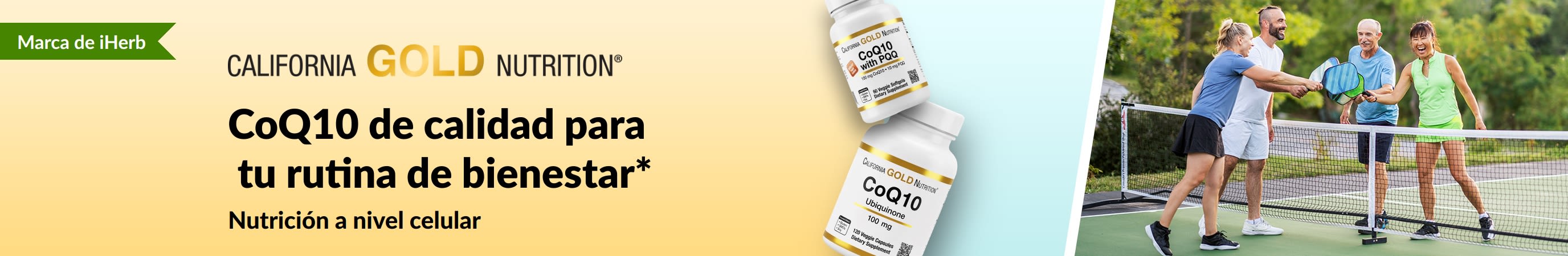 Suplemento de California Gold Nutrition de CoQ10 para bienestar, mostrando botes del producto y adultos jugando a pickleball.