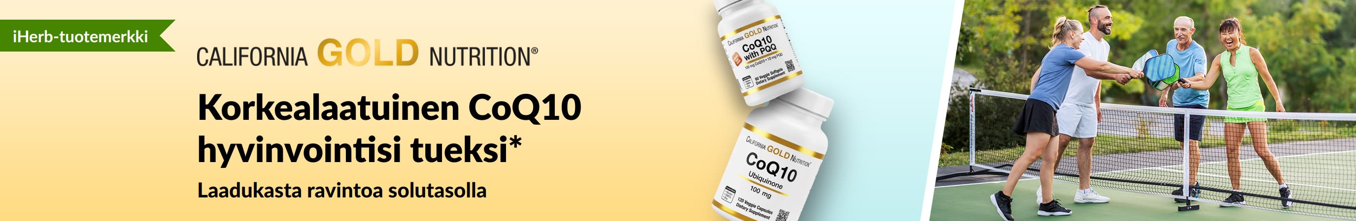 California Gold Nutrition CoQ10 -ravintolisät hyvinvointiin. Kuvassa tuotepurkkeja ja pickleballia pelaavia aikuisia.