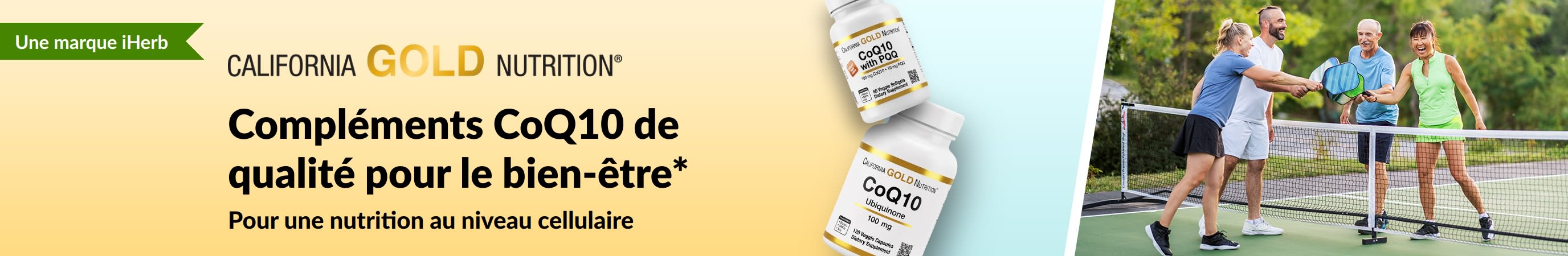 Compléments de CoQ10 California Gold Nutrition pour le bien-être, avec produits et adultes actifs jouant au pickleball.