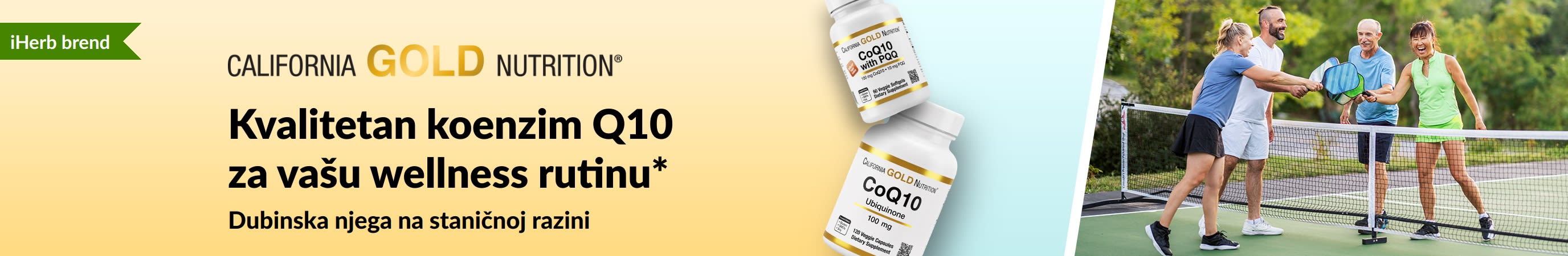 Dodaci prehrani California Gold Nutrition koenzim Q10 za zdravlje i wellness, s prikazom bočice proizvoda i aktivnih odraslih osoba koje igraju piklbol.