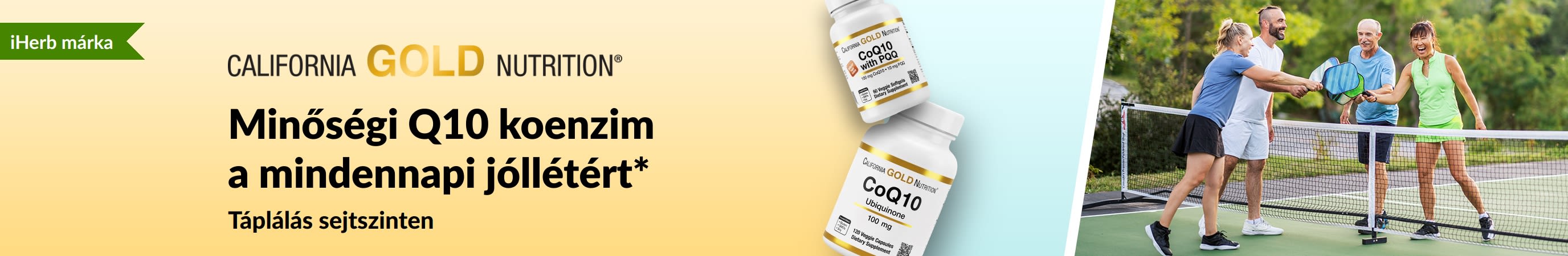 California Gold Nutrition Q10 koenzimes étrend-kiegészítők a mindennapi jóllét támogatására: a képen termékek és pickleballozó, aktív felnőttek láthatók.