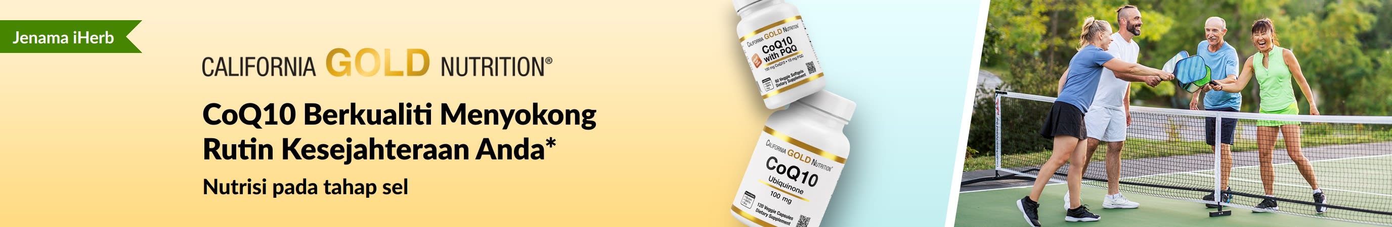 Suplemen California Gold Nutrition CoQ10 untuk kesejahteraan, dengan botol produk dan beberapa individu dewasa aktif bermain pickleball.
