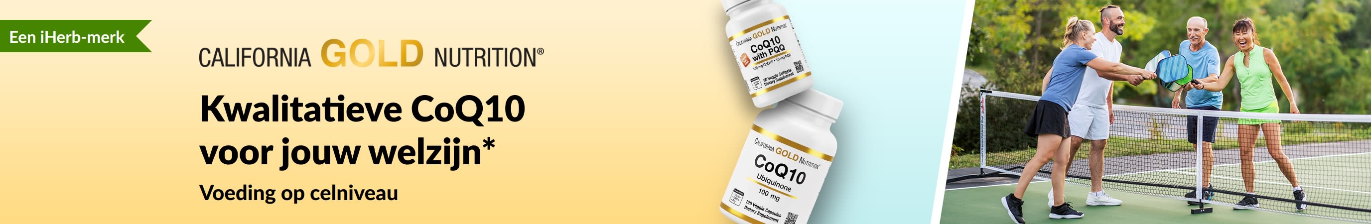 California Gold Nutrition CoQ10-supplementen voor welzijn, met productflessen en actieve volwassenen die pickleball spelen.