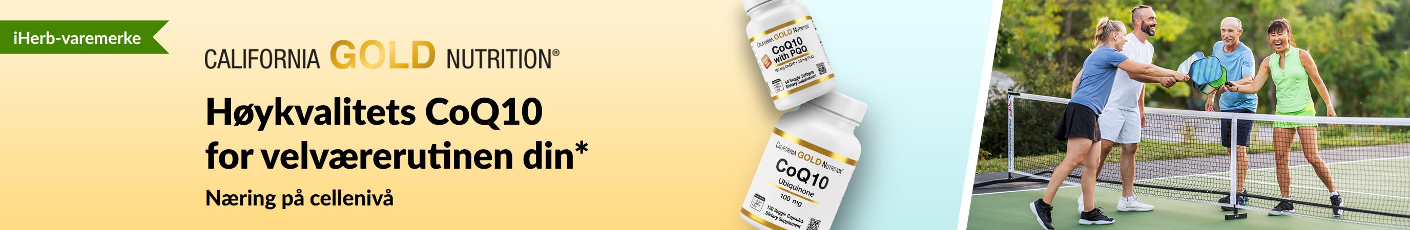 California Gold Nutrition CoQ10-tilskudd for velvære, viser produktflasker og aktive voksne som spiller pickleball.