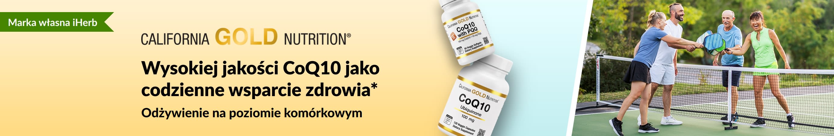 Suplementy CoQ10 od California Gold Nutrition wspierające dobre samopoczucie, przedstawiające butelki z produktami oraz aktywnych dorosłych grających w pickleball.