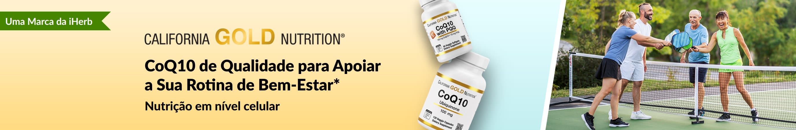 Suplementos de CoQ10 da California Gold Nutrition para o bem-estar, mostrando os frascos do produto e adultos ativos jogando pickleball.