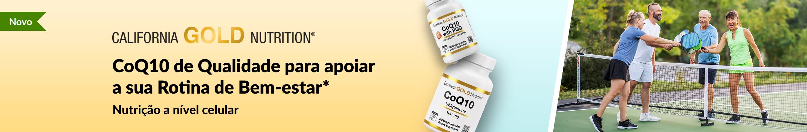 Suplementos da California Gold Nutrition CoQ10 para o bem-estar, a mostrar produtos em frascos e adultos a jogar pickleball.