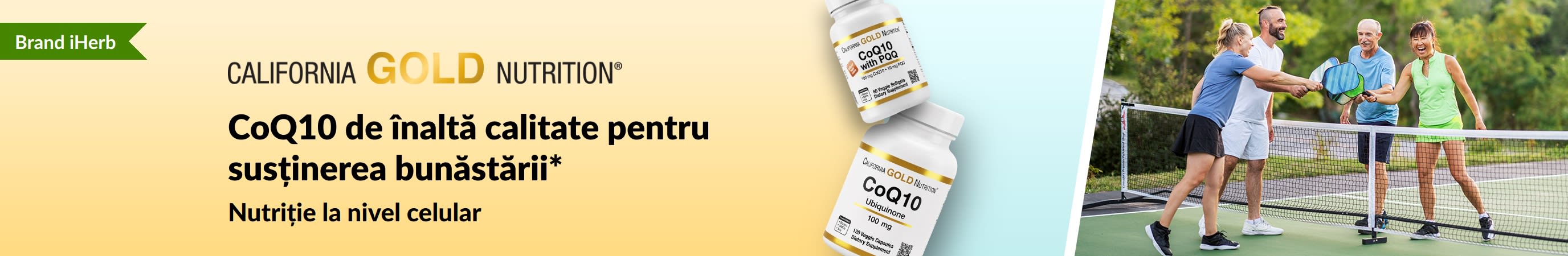 Suplimente California Gold Nutrition cu CoQ10 pentru wellness, cu produse și adulți activi jucând pickleball.