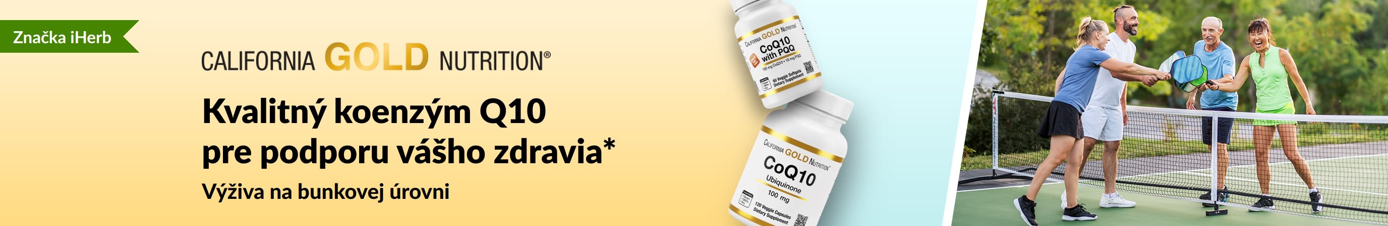 Koenzým Q10 od California Gold Nutrition pre celkové zdravie, s baleniami produktov a dospelými, ktorí hrajú pickleball.