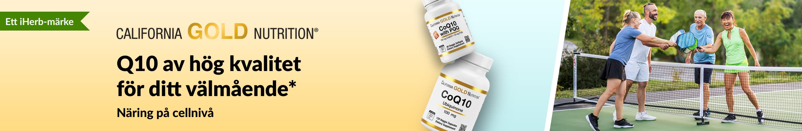 California Gold Nutrition Q10-tillskott för välmående, med produktförpackningar och aktiva vuxna som spelar pickleball.