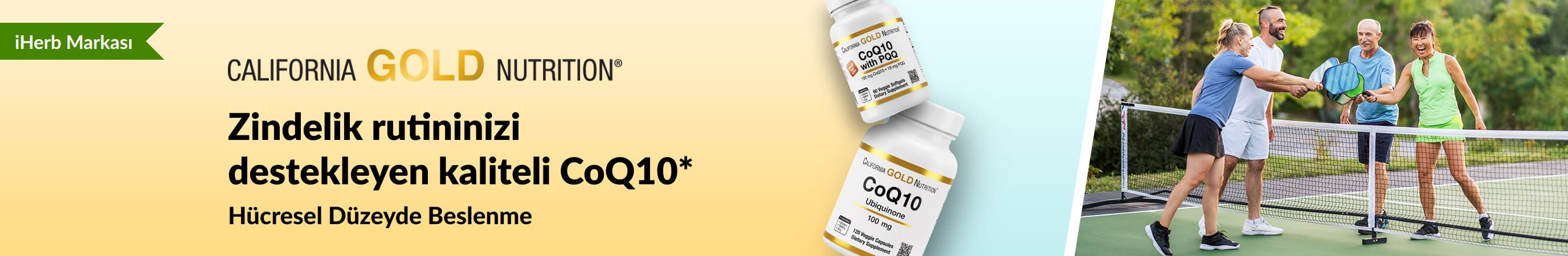 Ürün şişeleri ve pickleball oynayan aktif yetişkinlerin yer aldığı California Gold Nutrition CoQ10 zindelik takviyeleri.