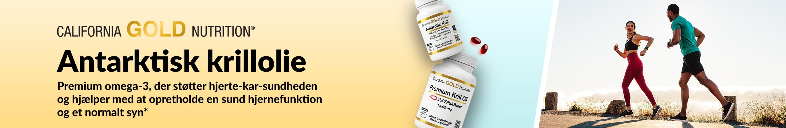 California Gold Nutrition antarktisk krillolie-banner, der promoverer premium omega-3-støtte til hjerte-, hjerne- og øjensundhed.