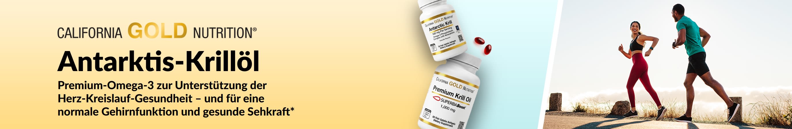 Banner für „California Gold Nutrition Antarctic Krill Oil“, das hochwertige Omega-3-Nahrung für die Gesundheit von Herz, Gehirn und Augen bewirbt.