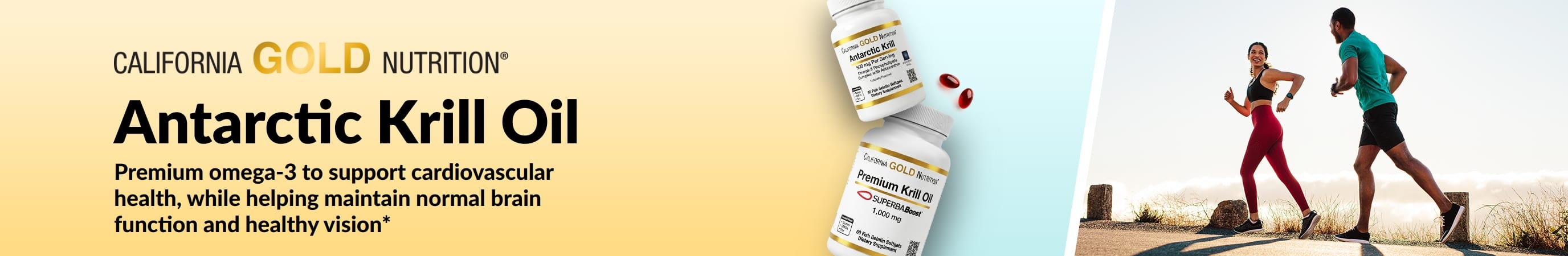 California Gold Nutrition Antarctic Krill Oil banner promoting premium omega-3 support for heart, brain and eye health.