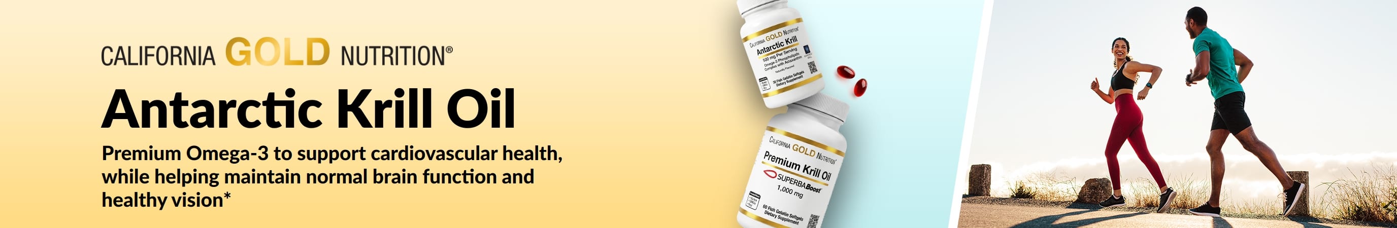 California Gold Nutrition Antarctic Krill Oil banner promoting premium omega-3 support for heart, brain, and eye health.