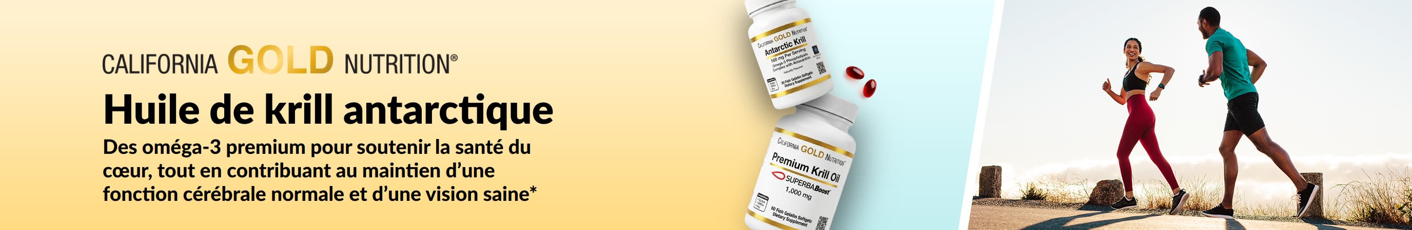 Bannière California Gold Nutrition Huile de krill antarctique pour le soutien du cœur, du cerveau et des yeux.