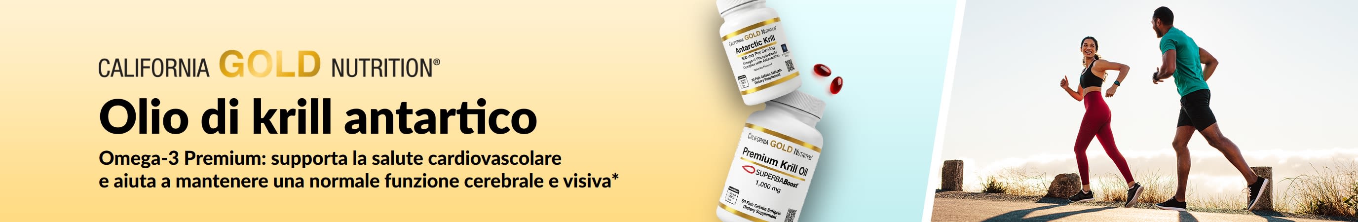 Banner sull'olio di krill antartico California Gold Nutrition che promuove un supporto di omega-3 premium per la salute del cuore, del cervello e degli occhi.