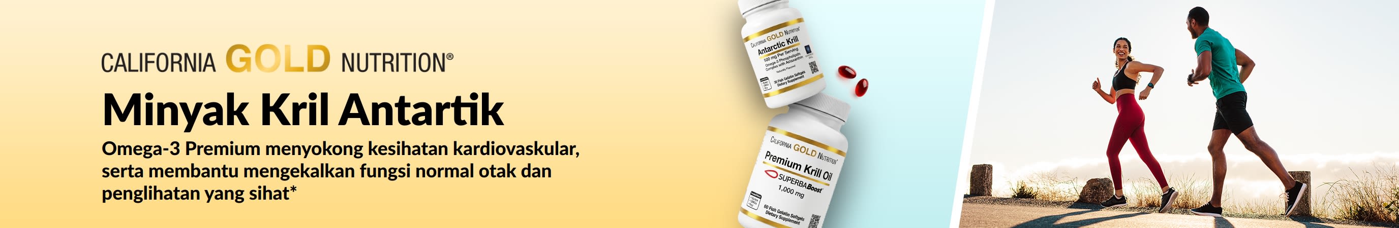 Sepanduk mempromosi Minyak Kril Antartik California Gold Nutrition premium sokongan omega-3 untuk jantung, otak, dan kesihatan mata.