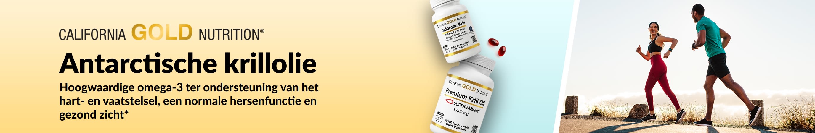 Banner van California Gold Nutrition met Antarctische krillolie die hoogwaardige omega-3-vetzuren promoot ter ondersteuning van de gezondheid van hart, hersenen en ogen.