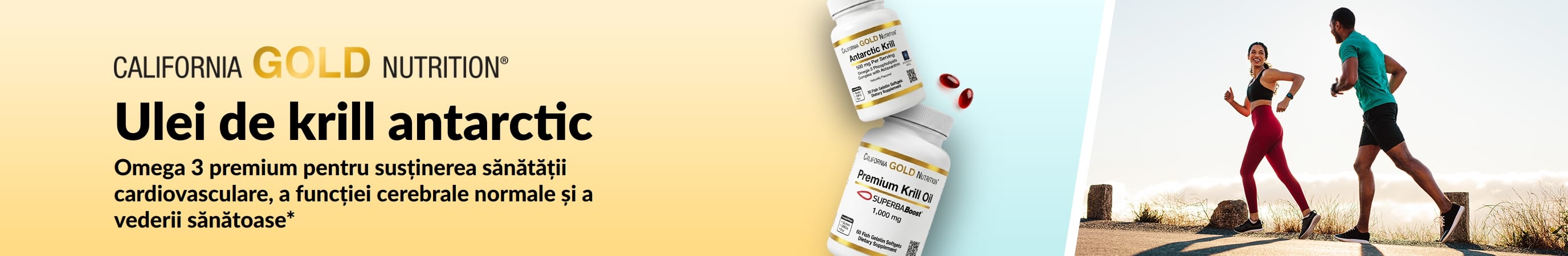 Banner cu ulei de krill antarctic California Gold Nutrition ce promovează omega 3 premium pentru inimă, creier și ochi.