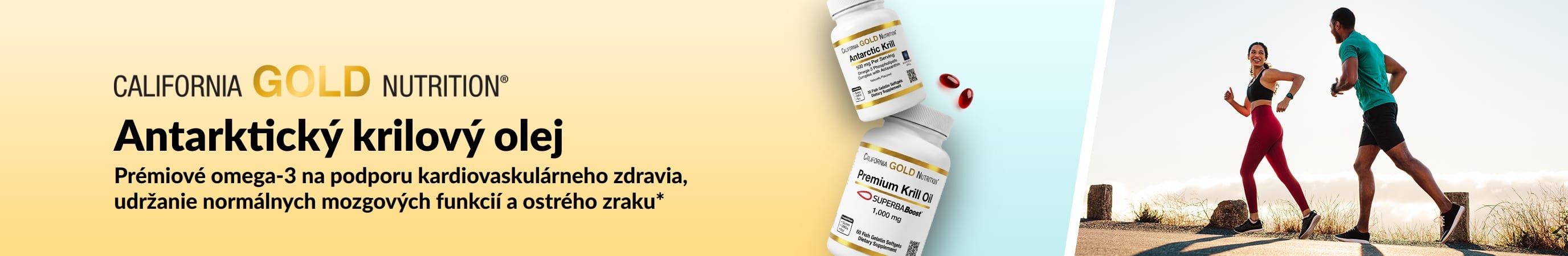 Baner pre antarktický krilový olej od California Gold Nutrition propagujúci prémiové omega-3 pre srdce, mozog a zrak.