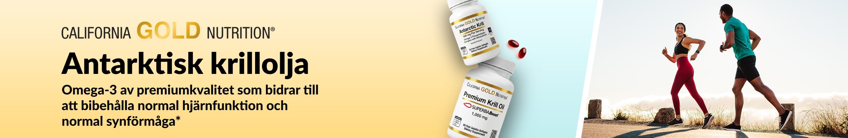 Banner för California Gold Nutrition Antarktisk krillolja som marknadsför omega-3 av hög kvalitet för hjärtat, hjärnan och ögonhälsan.