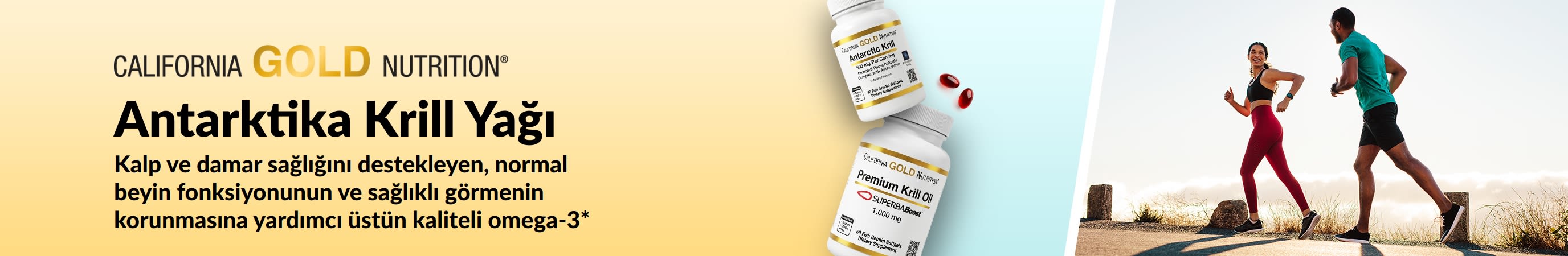 Kalp, beyin ve göz sağlığına yönelik üstün kaliteli omega-3 desteğini tanıtan California Gold Nutrition Antarktika Krill Yağı bannerı.