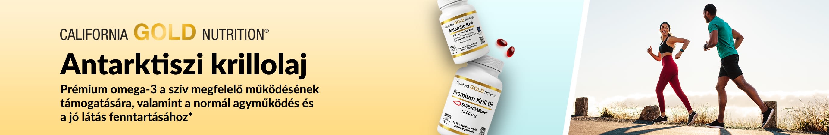 California Gold Nutrition Antarktiszi krillolajat népszerűsítő banner: prémium omega-3 támogatás a szív, az agy és a szem egészségéért.