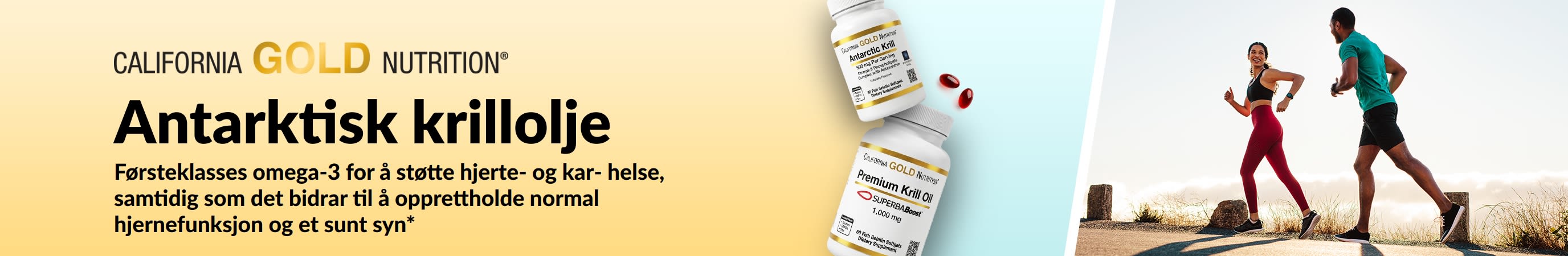 California Gold Nutrition Antarctic Krill Oil-banner som promoterer førsteklasses omega-3-støtte for hjerte-, hjerne- og øyehelse.
