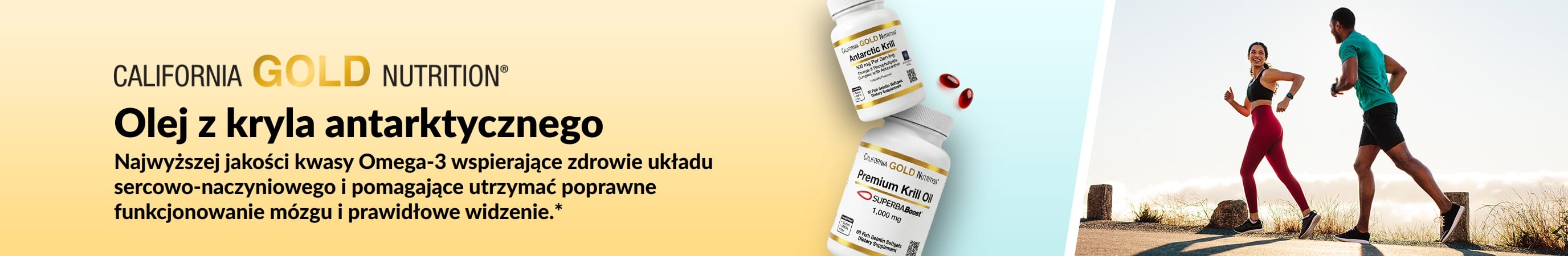 Baner oleju z kryla antarktycznego California Gold Nutrition promujący najwyższej jakości wsparcie omega-3 dla zdrowia serca, mózgu i oczu.