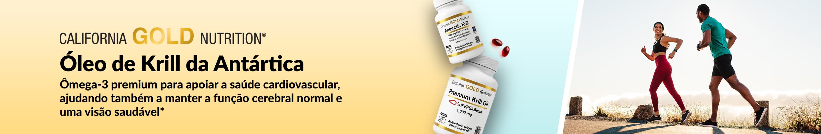 Banner da California Gold Nutrition Antarctic Krill Oil promovendo suporte premium de ômega-3 para a saúde do coração, cérebro e olhos.