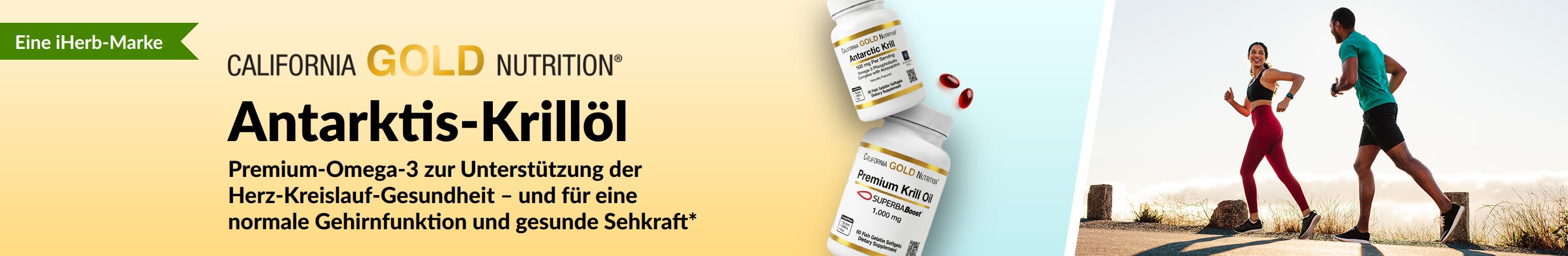 Banner für „California Gold Nutrition Antarctic Krill Oil“, das hochwertige Omega-3-Nahrung für die Gesundheit von Herz, Gehirn und Augen bewirbt.