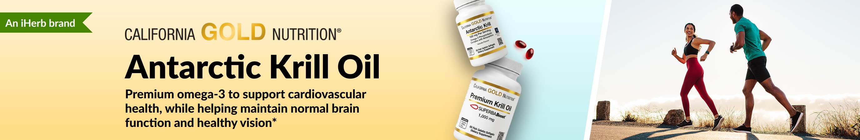 California Gold Nutrition Antarctic Krill Oil banner promoting premium omega-3 support for heart, brain and eye health.