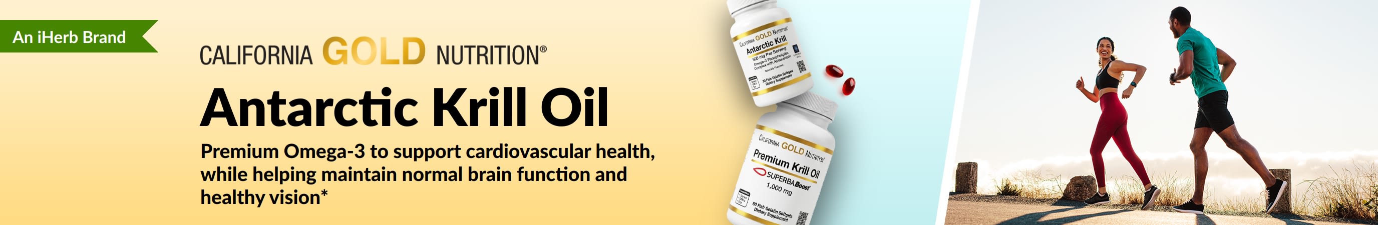 California Gold Nutrition Antarctic Krill Oil banner promoting premium omega-3 support for heart, brain, and eye health.