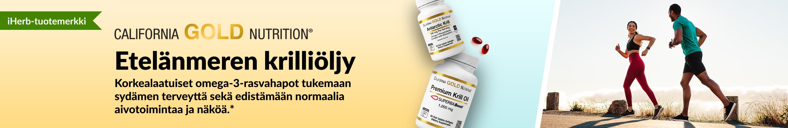 California Gold Nutrition -krilliöljyn banneri, joka mainostaa laadukasta omega-3-lisää sydämen, aivojen ja näön tukemiseen.
