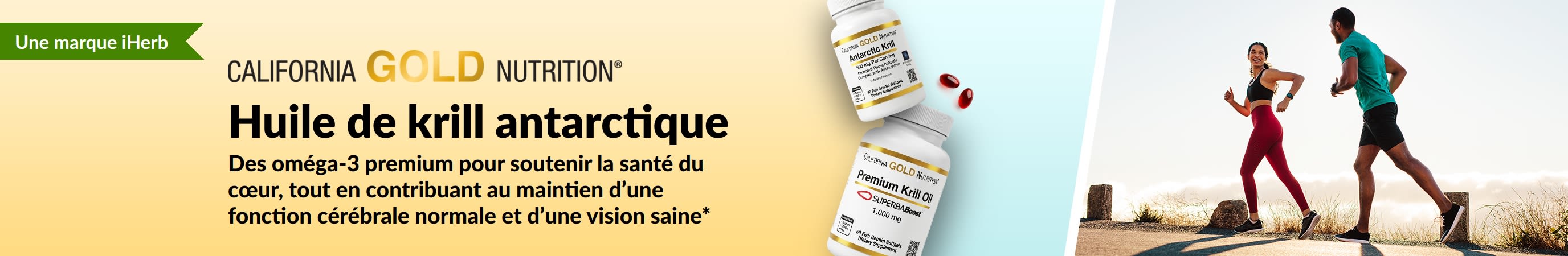 Bannière California Gold Nutrition Huile de krill antarctique pour le soutien du cœur, du cerveau et des yeux.