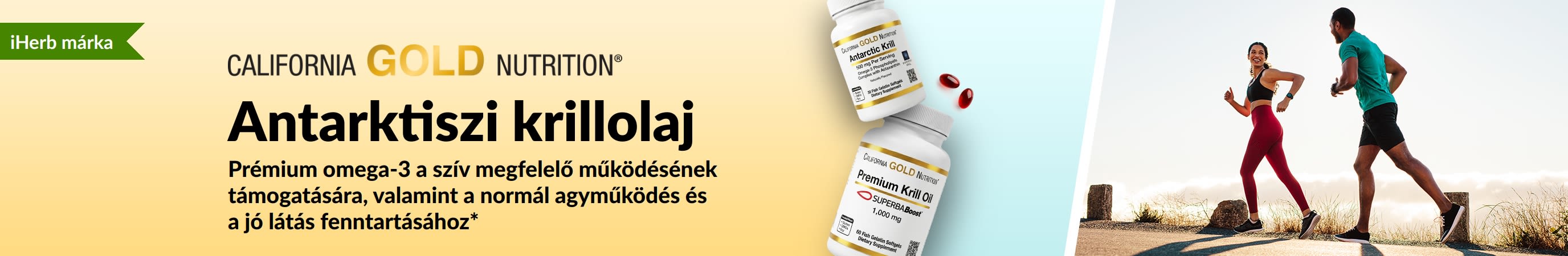 California Gold Nutrition Antarktiszi krillolajat népszerűsítő banner: prémium omega-3 támogatás a szív, az agy és a szem egészségéért.